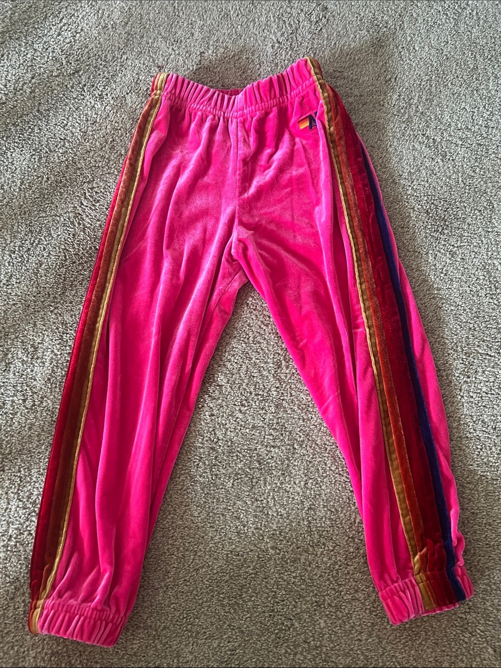 Aviator Nation Kids Hot Pink Velour Joggers with Rainbow Side Stripes